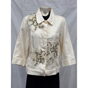 Coldwater Creek Womens Cream Floral Emroidered‎ Beaded Button Jacket Size 16